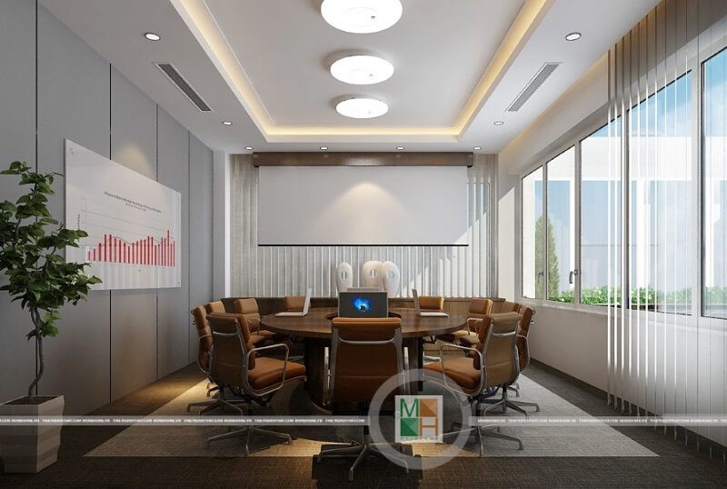 Mẫu thiết kế nội thất cho phòng họp văn phòng của công ty Đèo Cả cao cấp được bố trí hợp lí và khoa học.